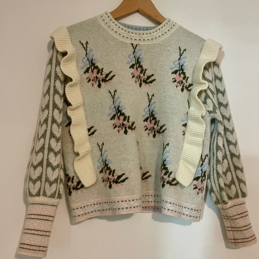 Floral Patterned Sweater with Ruffle Details